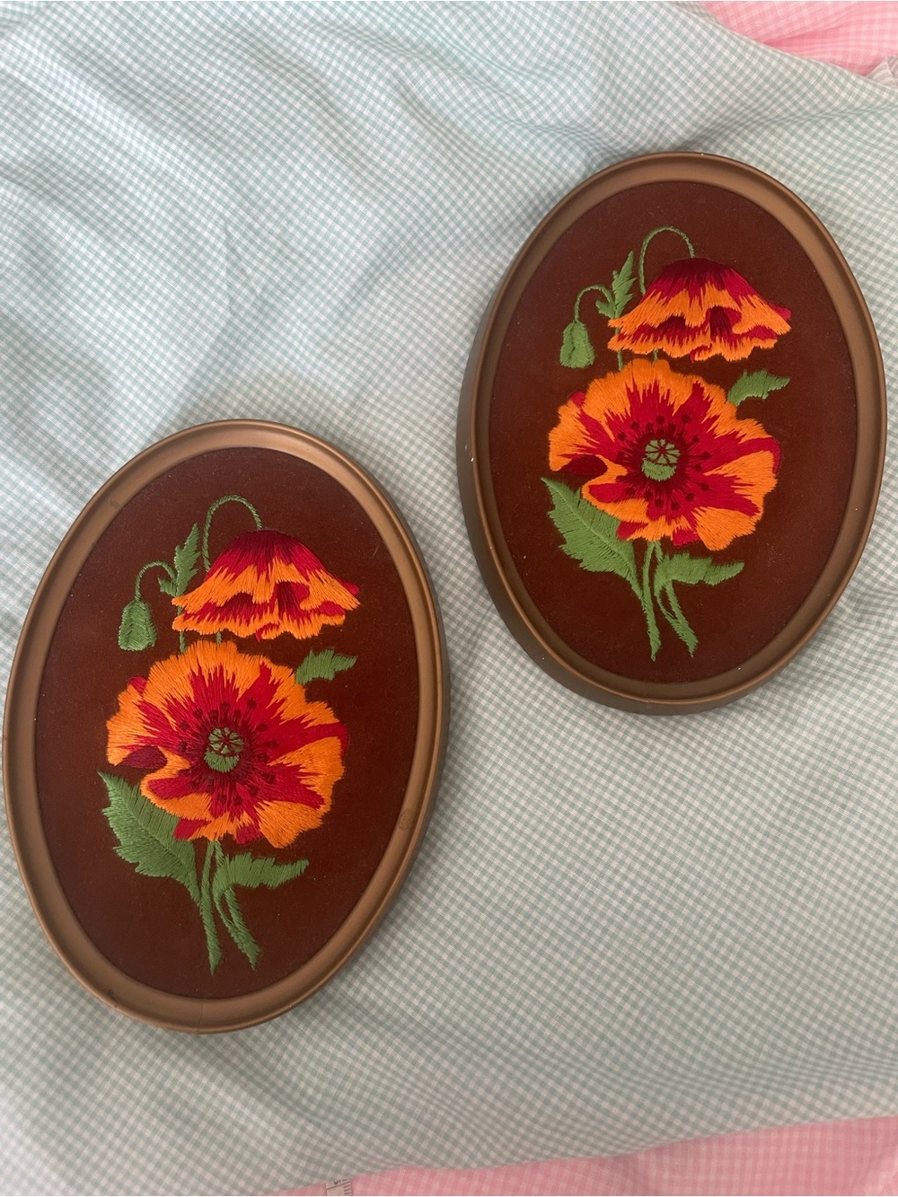 Vintage Ecstasy giftware/Sears Orange Floral Embroidered Wall Plaque
